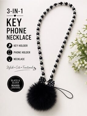 Black Pom Pom Beaded Lanyard Key Phone Holder Necklace